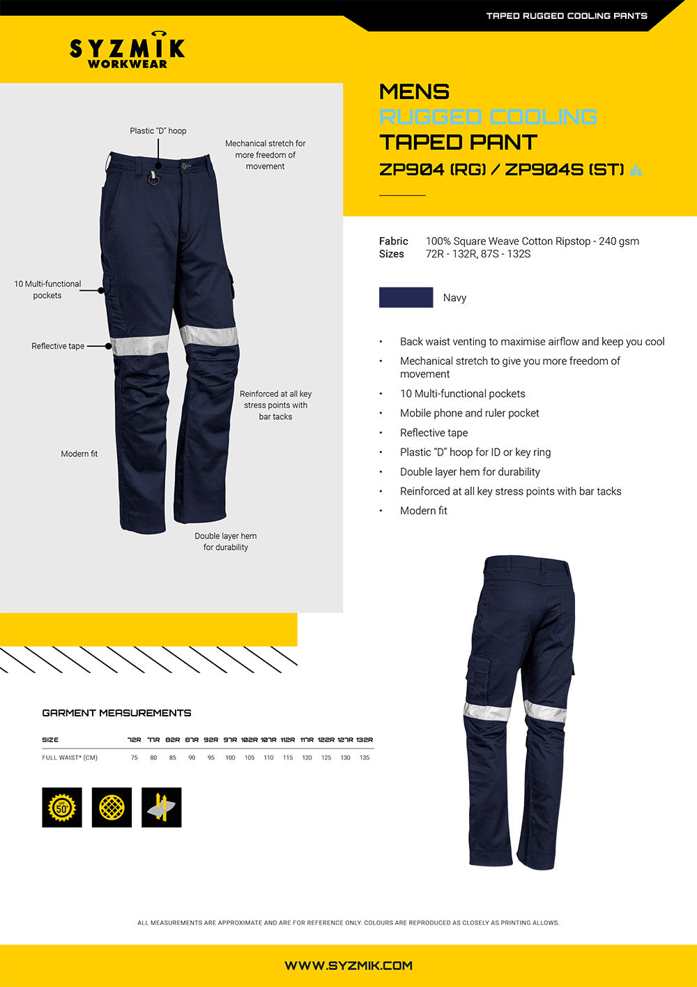 Syzmik Rugged Cooling Taped Cargo Pant size chart