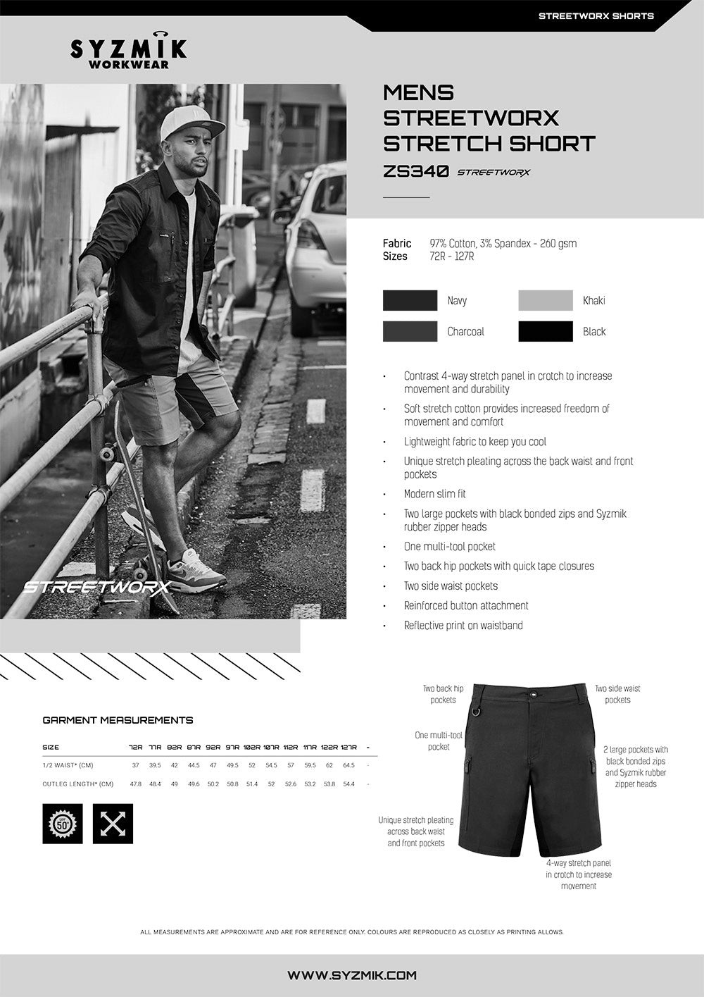 Syzmic Streetworx Stretch Shorts size chart