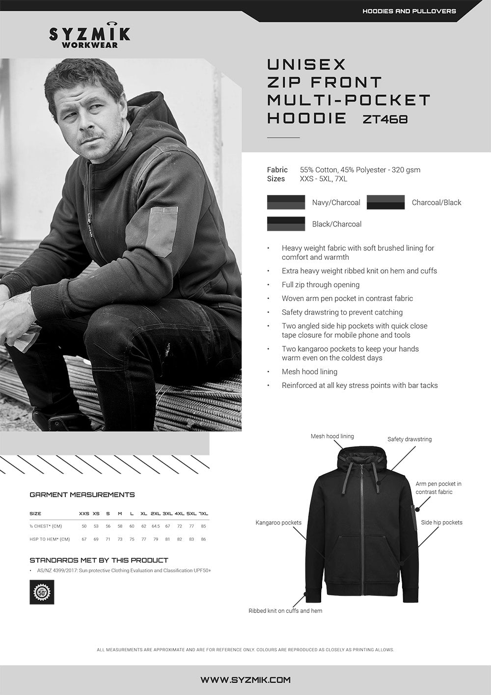 Zip Front Multi Pocket Hoodie size chart