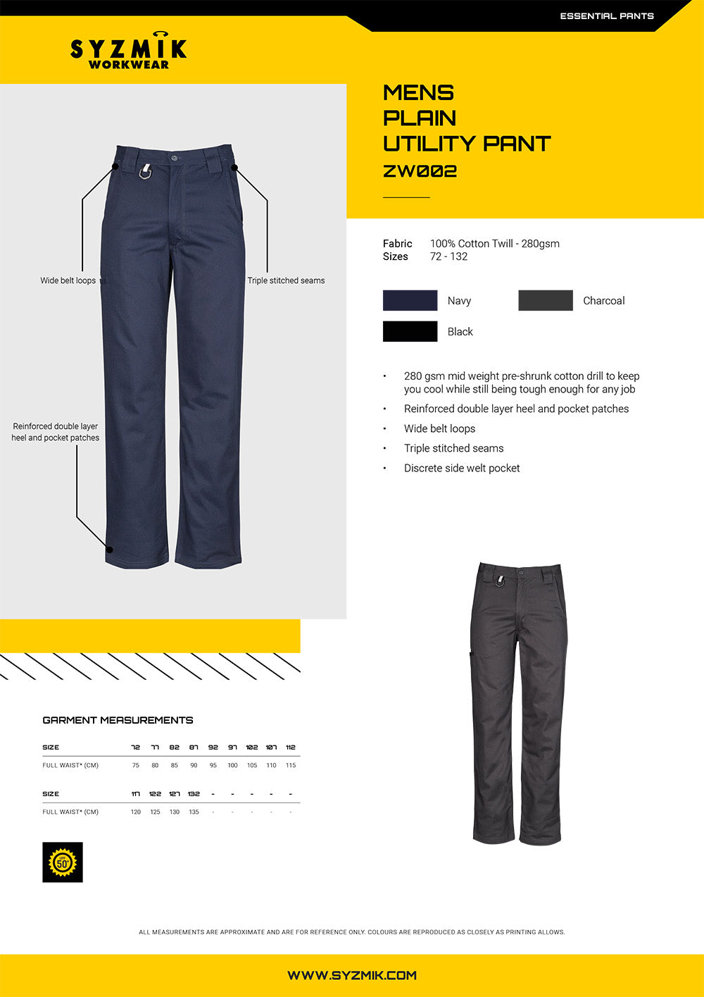 Syzmik Plain Utility Pant size chart