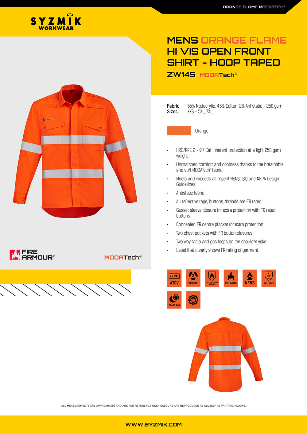 Syzmik Orange Flame HRC 2 Hoop Taped Open Front Spliced Shirt size chart