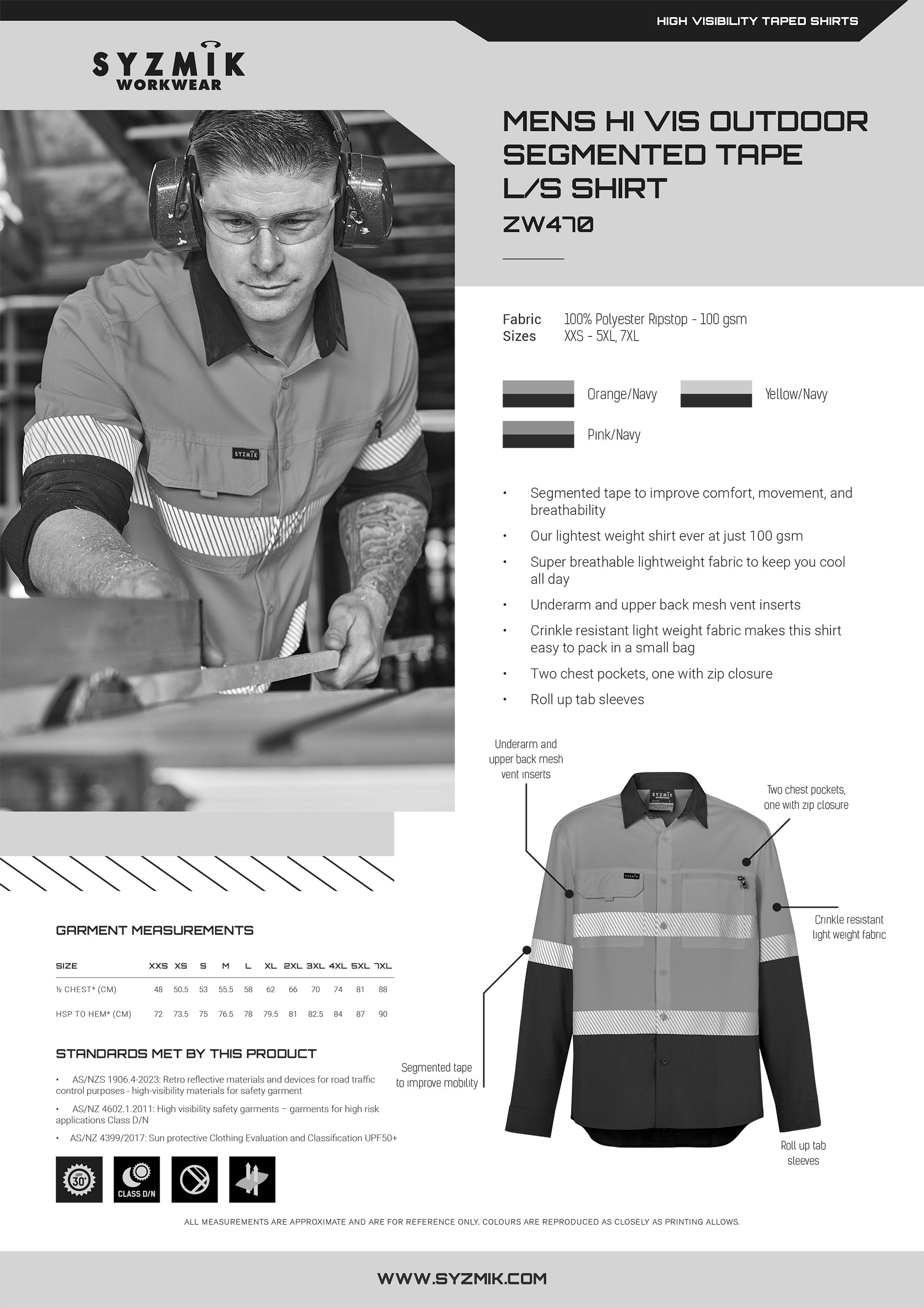 HiVis Segmented Tape LS Shirt size chart