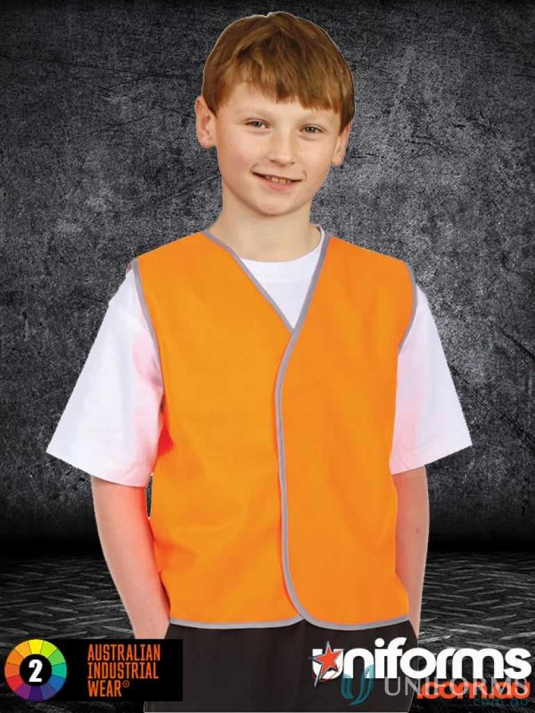 Childs orange kids safety vest from AIW Kids with a winning spirit sw02k design