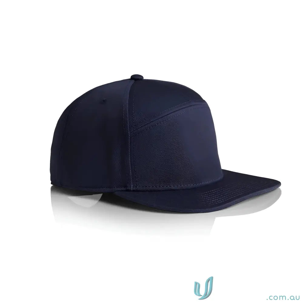 Dark blue flat peak baseball cap with tonal under-peak lining and plastic snapback