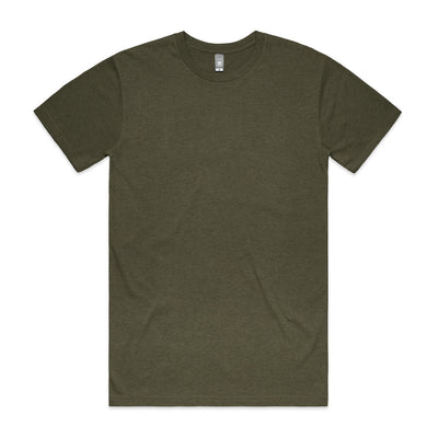 Olive green crew neck t-shirt with short sleeves and a ribbed neckline.