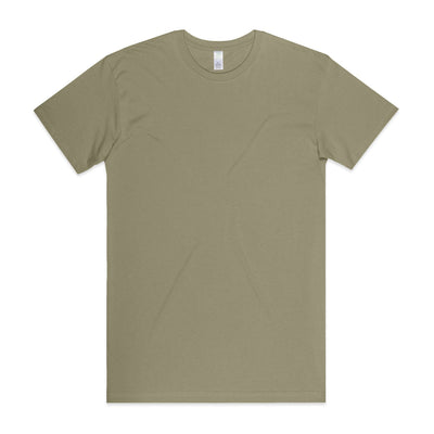 Olive green crew neck t-shirt with short sleeves and a ribbed neckline, likely made of cotton.