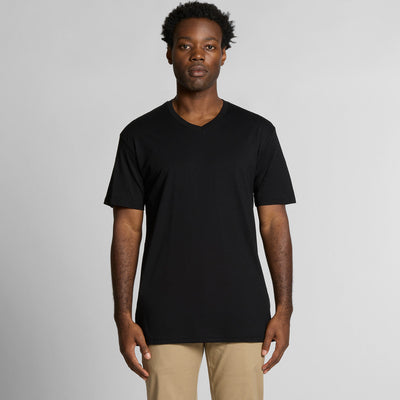 Black v-neck t-shirt with ribbed neckline and short sleeves, made of cotton.