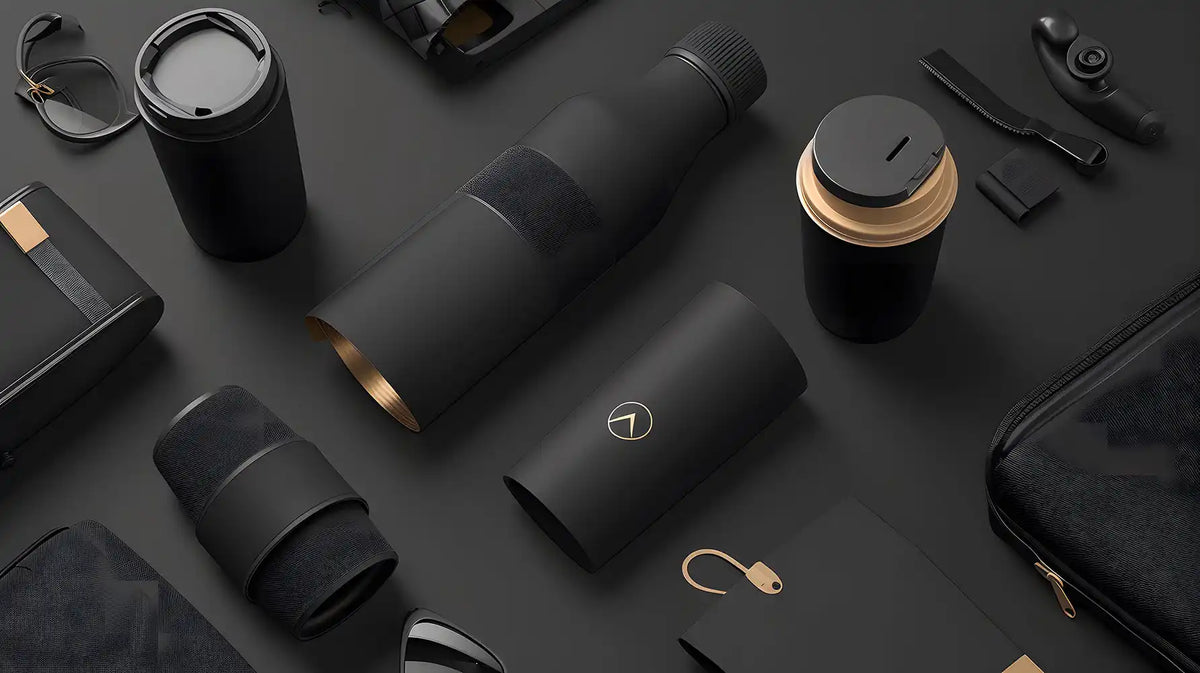 Assorted black and gold accessories.