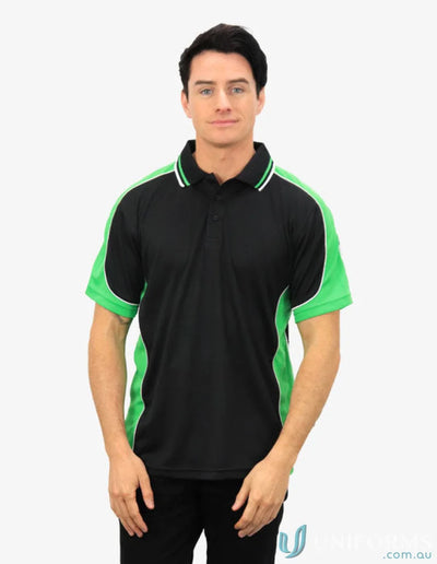 Black and green Auburn Polo with moisture management, sewn-on pocket, digital transfer design