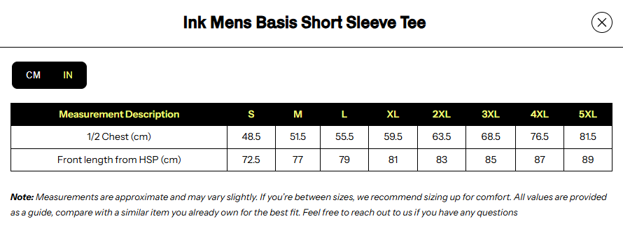 Goodmates Classic Tee size chart