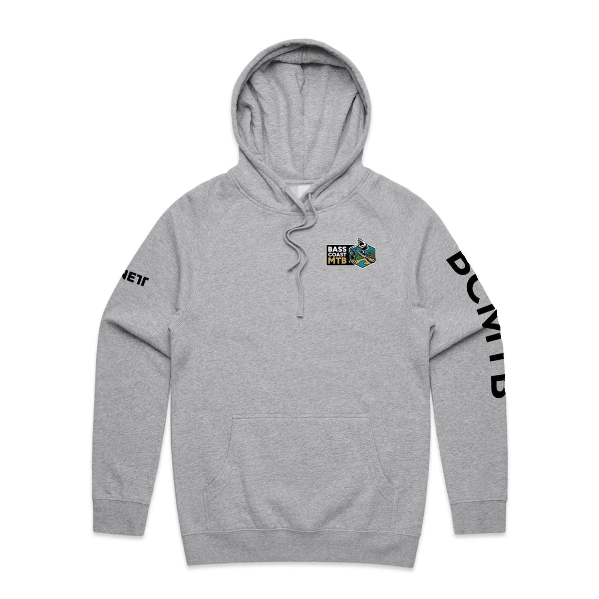 Heather gray hoodie with hood, front pocket and sleeve design featuring ’bowie’ text.