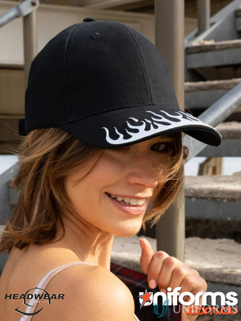 Black baseball cap with white liquid metal flame design on the brim for BHC with Liquid Metal Flame
