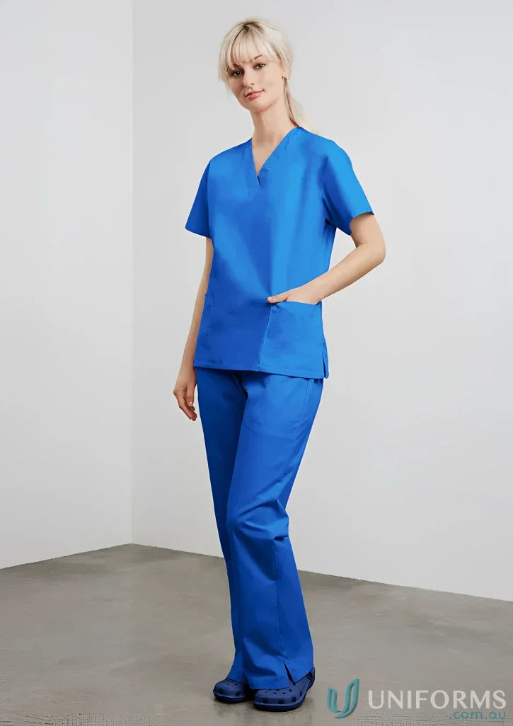 Blue womens classic scrub top made from natural stretch fabric for all-day comfort