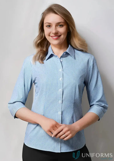 Blue and white checkered ladies ellison shirt from Biz Collection Ladies 3Qtr
