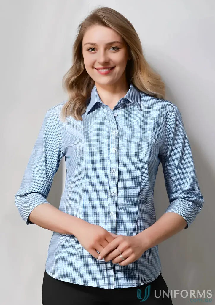 Blue and white checkered ladies ellison shirt from Biz Collection Ladies 3Qtr