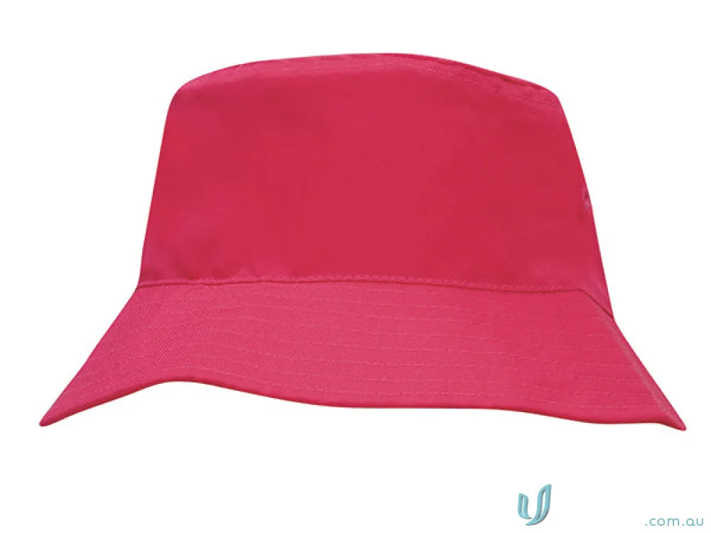 Hot pink kids bucket hat made of breathable poly twill, perfect for uniforms or workwear