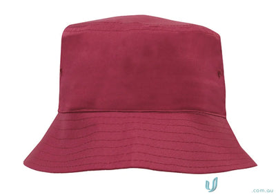 Maroon bucket hat with stitched brim from Breathable Poly Twill Kids Bucket Hat collection, perfect for uniforms or casual workwear, check our faq link