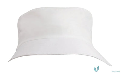 Plain white bucket hat from Breathable Poly Twill Kids Bucket Hat, perfect for uniforms or casual workwear, FAQ link included