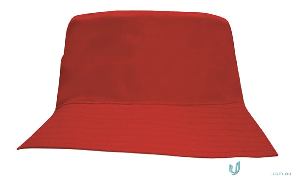 Red fabric bucket hat from Breathable Poly Twill Kids Bucket Hat, perfect for uniforms or workwear. Check our faq link!