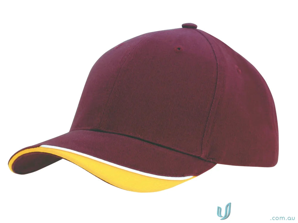 Maroon and gold baseball cap in brushed heavy cotton with indented peak, high stock range