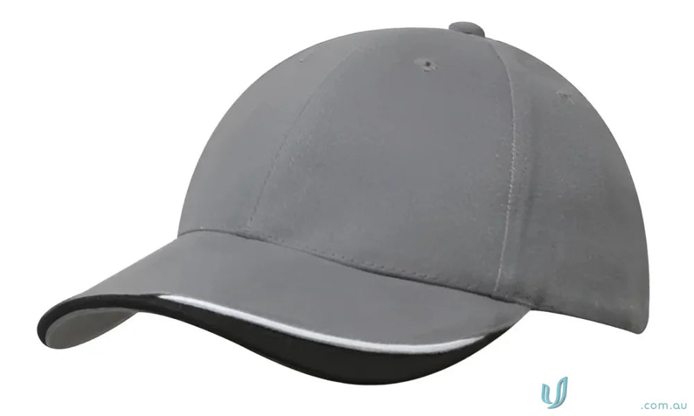 Gray baseball cap with white trim from Brushed Heavy Cotton, high stock range and wide inch days