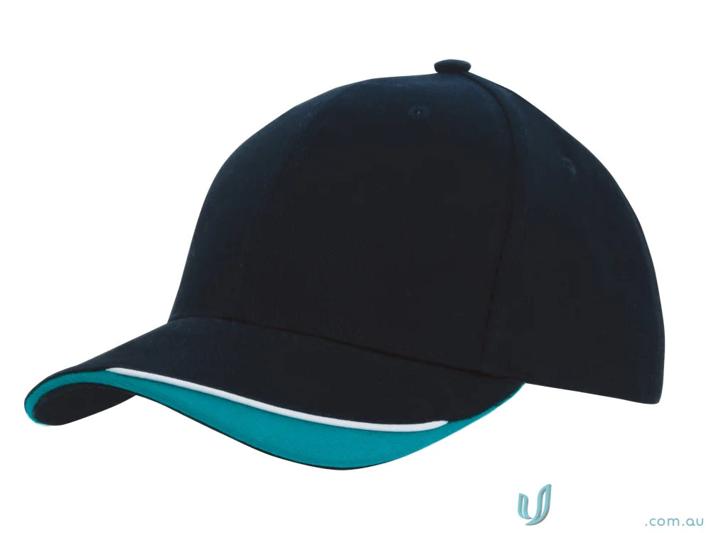 Black and teal baseball cap from Brushed Heavy Cotton with Indented Peak, high stock range