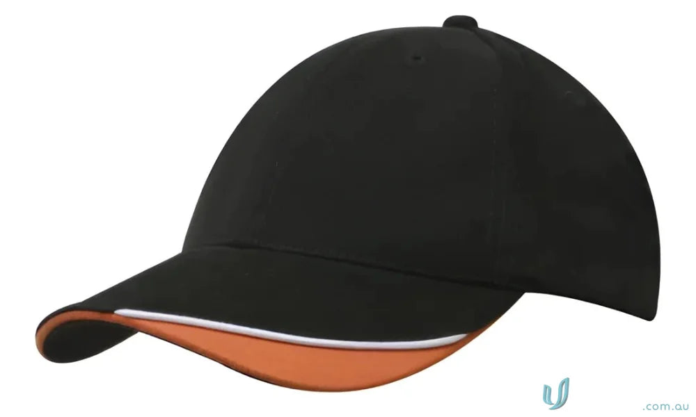 Black and orange baseball cap from Brushed Heavy Cotton with Indented Peak, high stock range