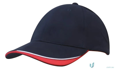 Navy blue baseball cap with red trim in brushed heavy sports cotton and contour trim