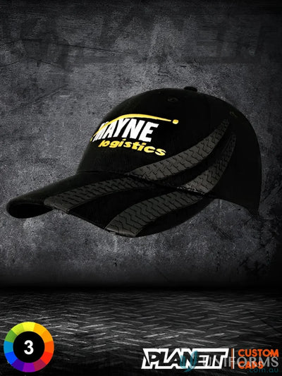 Black baseball cap with tire tread design from Wide Stock, perfect for imprint days
