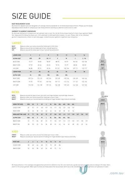 Size guide chart for Camden Long Sleeve Women’s Camden Cotton Rich Shirt