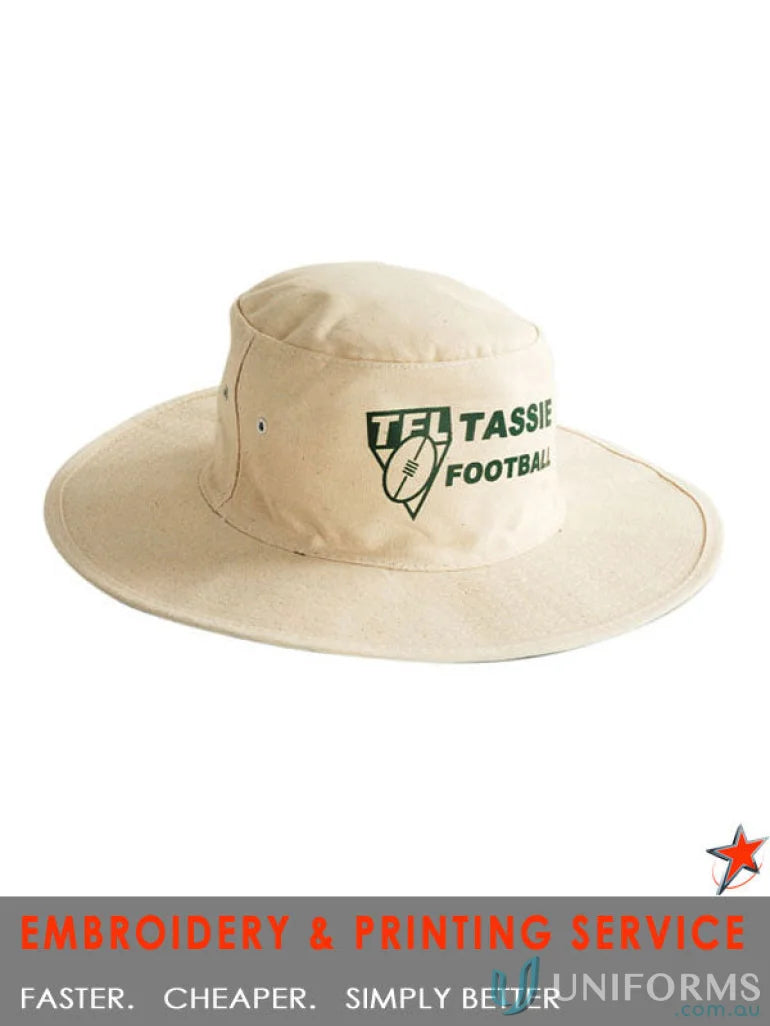 Beige Canvas Hat with Green Logo, perfect for uniforms or workwear FAQ link included