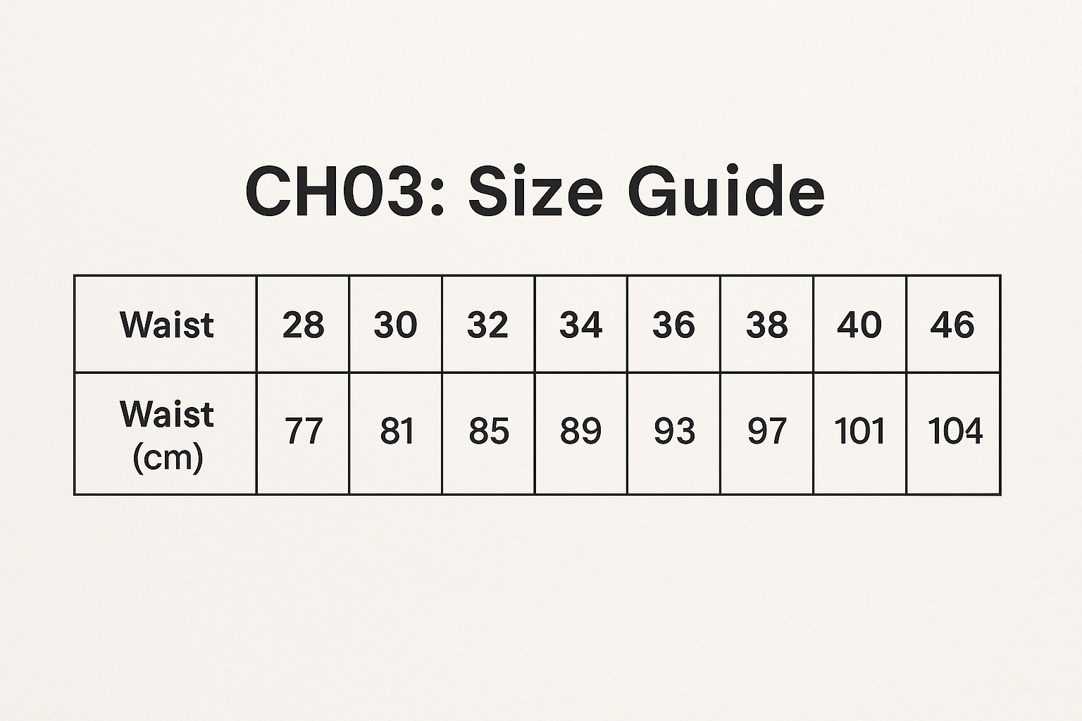 Toby Chino Short size chart