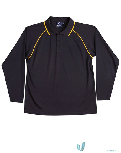 Black long-sleeved polo shirt with gold trim from Champion Raglan LS Contrast Polo, cooldry champion long sleeve polo ps43