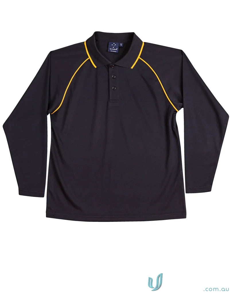 Black long-sleeved polo shirt with gold trim from Champion Raglan LS Contrast Polo, perfect for winning spirit