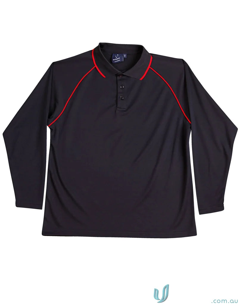 Black long-sleeved polo with red trim from Champion Raglan LS Contrast Polo, perfect for cooldry champion long style