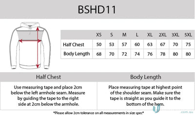Clesty Hoodie size chart with chest panel info on anti-pill fleece for uniforms