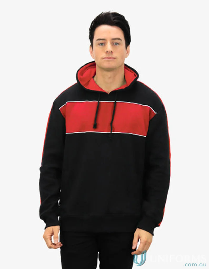 Man wearing Chesty Hoodie with chest panel and anti-pill fleece, perfect for uniforms