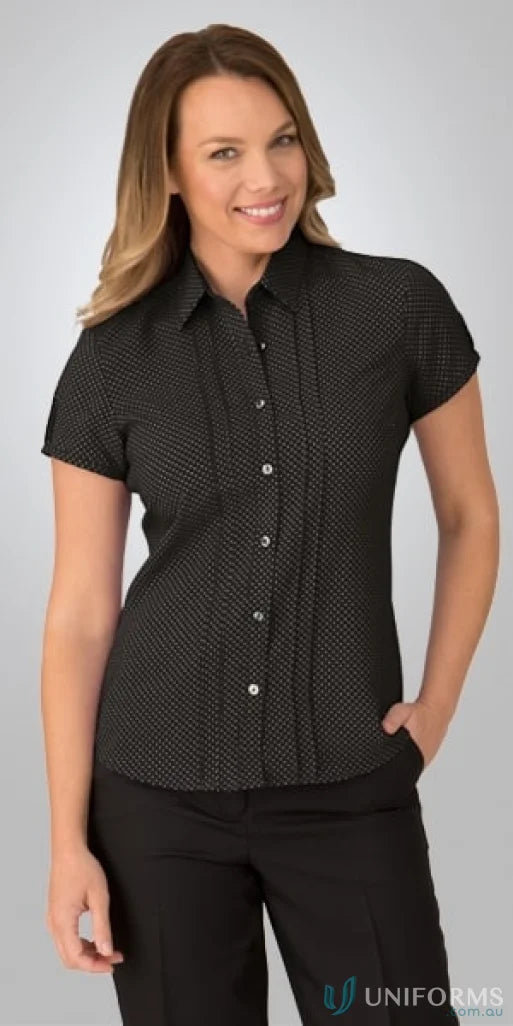 Woman wearing City Stretch Spot Ladies SS Shirt with easy care, natural stretch, and cap sleeve