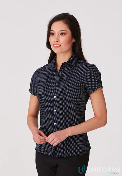 Dark blue City Stretch Spot Ladies SS Shirt with easy care, natural stretch, and cap sleeve