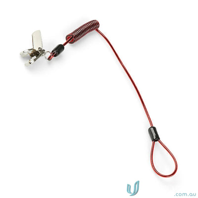 Red coil hard hat tether with clip for safety and easy attachment