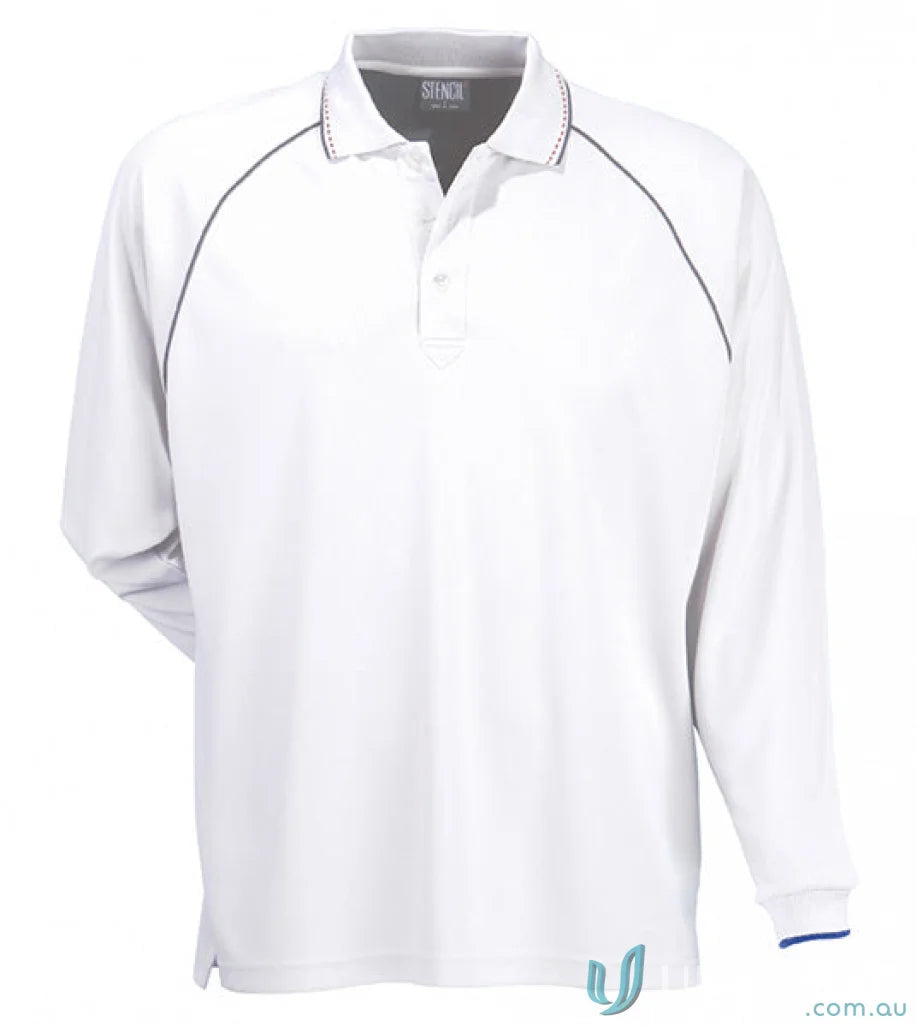White long-sleeved polo shirt from Cool Dry LS Polo with contrast trim and yarn treated fabric