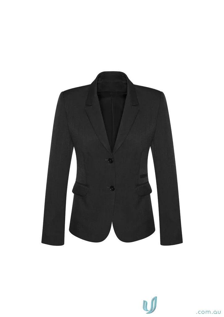Black cool stretch two-button blazer on a mid length jacket product shot