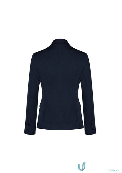 Navy blue cool stretch button mid length jacket shown in the Cool Stretch 2 Button Mid Length Jacket product