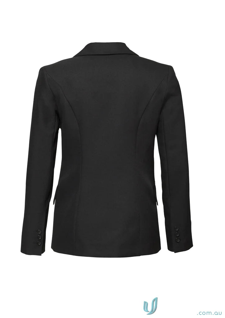 Black womens blazer with notched lapel and three sleeve buttons, cool stretch longline ladies jacket
