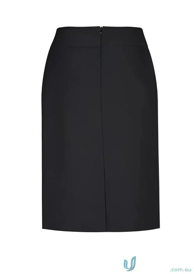 Black knee-length cool stretch relaxed fit lined womens skirt with back zipper vent