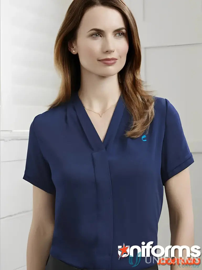 Madison short sleeve navy blue blouse made of easy-care stretch polyester for women