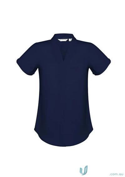 Madison short sleeve navy blouse with V-neck, rolled cuffs, easy-care stretch polyester