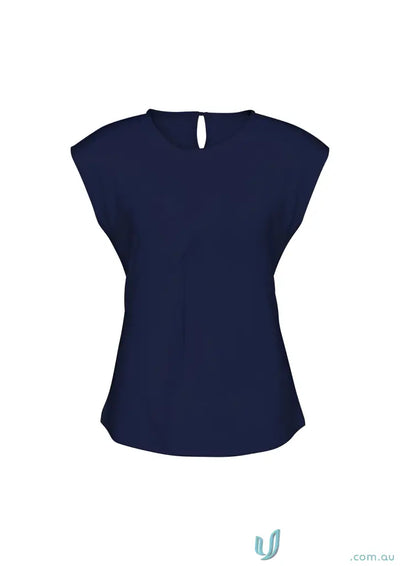 Navy blue cap-sleeve blouse in jersey knit, comfy fit for work uniforms or casual wear