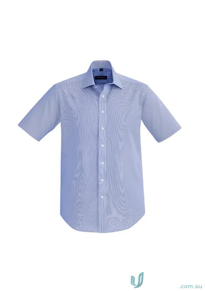 Blue striped short-sleeved shirt ideal for work uniforms and casual uniforms