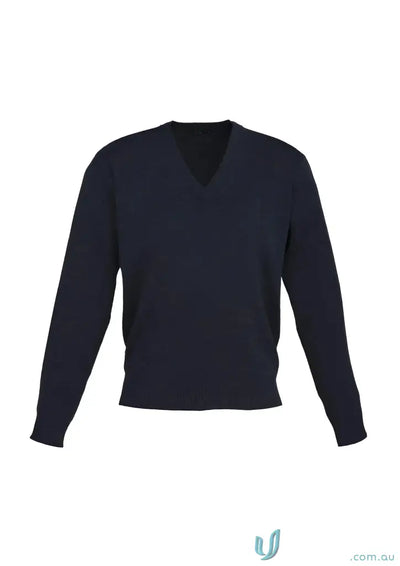 Navy blue V-neck sweater from CR EMb Unisex Wool Mix Pullover for easy care uniforms workwear